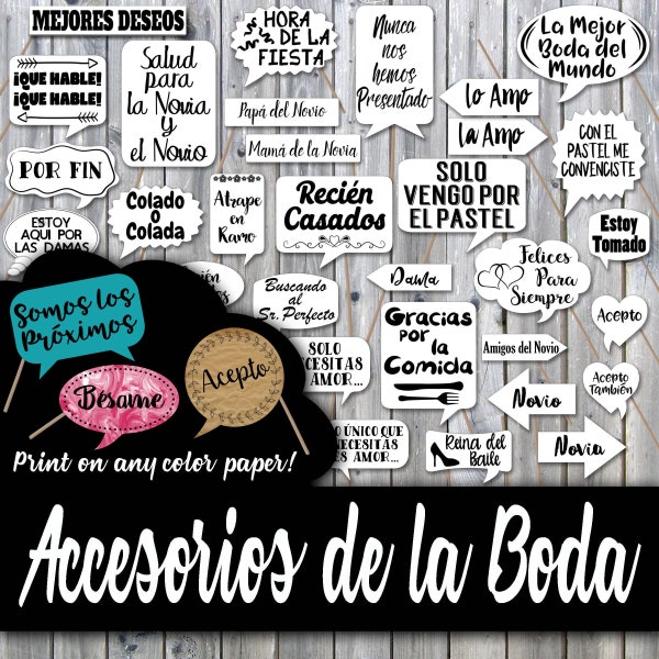 Wedding Photo Booth Prop Signs and Decorations in Spanish - Accesorios de la Boda en Español - Over 50 Images - Print on any Color Paper