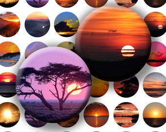 May include: A collection of 36 sunset images, each cropped into a 1-inch circle. The images feature a variety of landscapes, including beaches, mountains, and deserts. The sunsets are in shades of orange, red, pink, and purple.