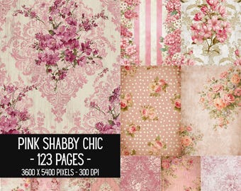 Papeles digitales rosa estilo shabby chic / 123 fondos florales vintage rosa imprimibles / Papeles envejecidos con efecto desgastado / Páginas para diarios creativos