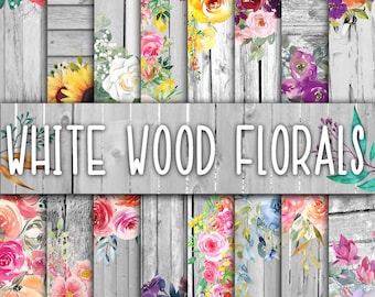 White Wood Floral Digital Papers - Watercolor Flower and Wood Backgrounds -  16 Designs - 12x12in - Commercial Use - Floral Sublimation