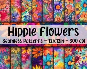 Hippie Flowers SEAMLESS Patterns - Grunge Hippie Flowers Digital Paper - 16 Designs - 12x12in - Commercial Use - Hippie Flower Patterns