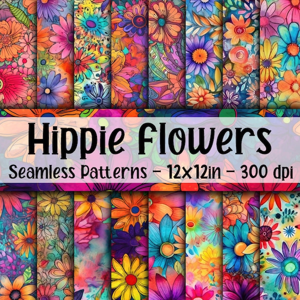 Hippie Flowers Seamless Patterns - Grunge Hippie Flowers Digital Paper - 16 Designs - 12x12in - Commercial Use - Hippie Flower Patterns