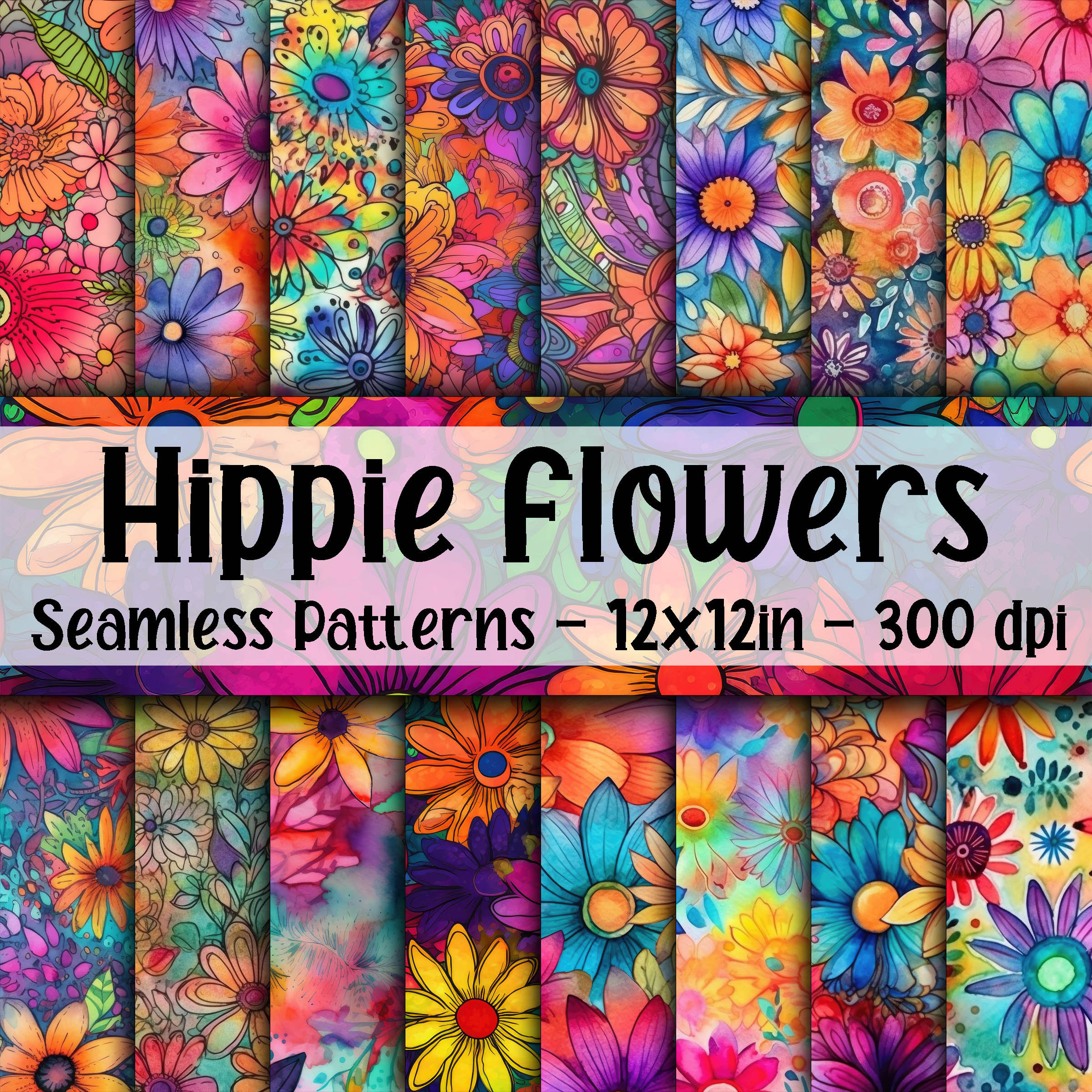 Hippie Flowers SEAMLESS Patterns - Grunge Hippie Flowers Digital Paper - 16 Designs - 12x12in - Commercial Use - Hippie Flower Patterns