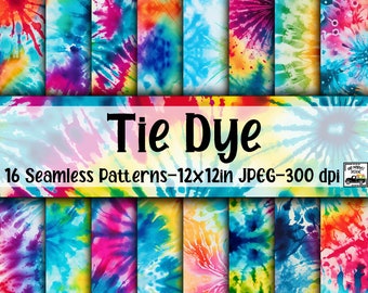 Tie Dye SEAMLESS Patterns - Colorful Tie Dye Digital Paper - 16 Designs - 12x12in - Commercial Use - Tie Dye Patterns