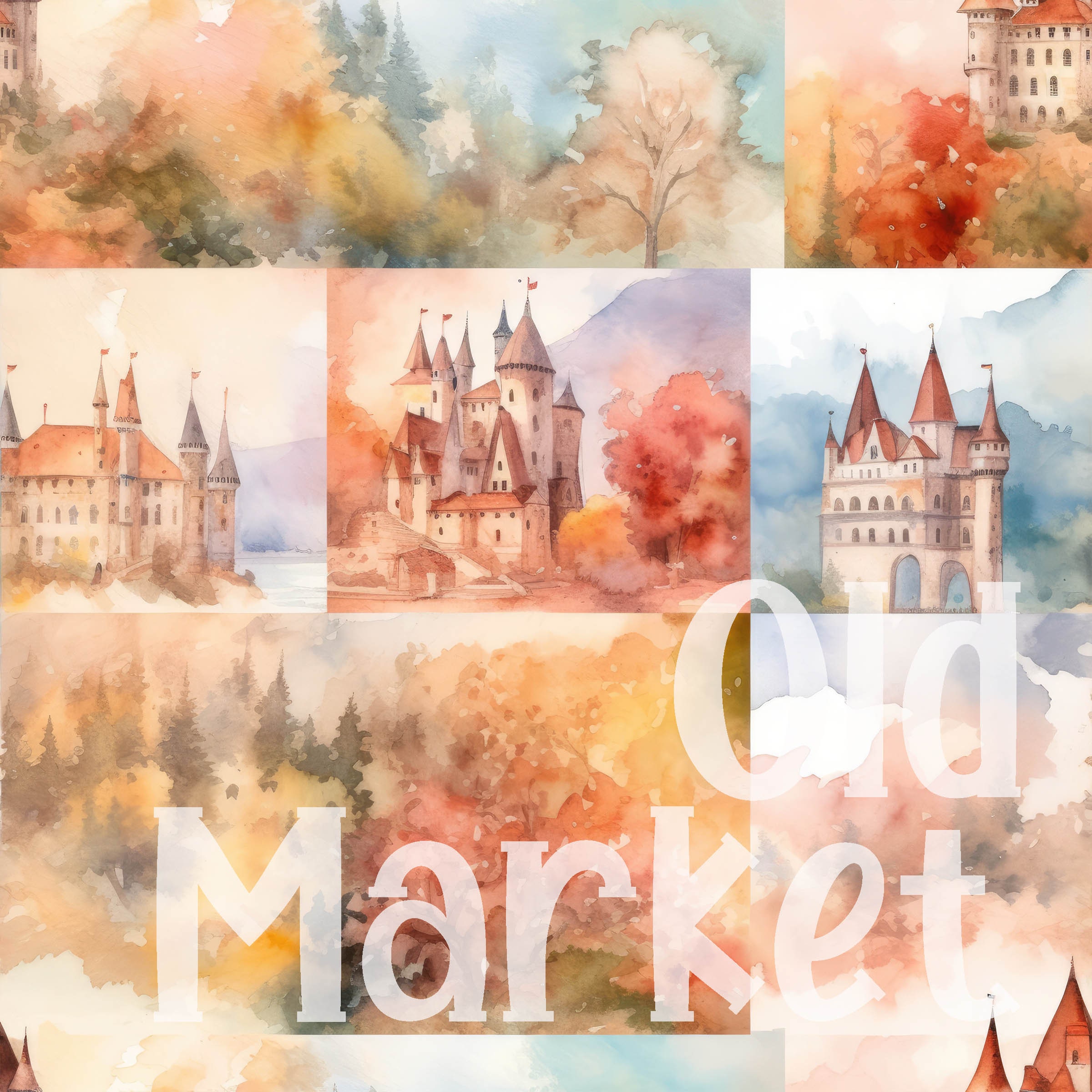 Charming Castles SEAMLESS Patterns - Watercolor Castles Digital Paper ...