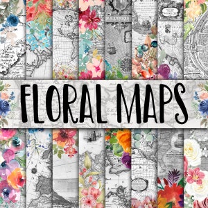 Floral Maps Digitales Papier - Aquarell Blume und schwarzweiße Landkarte Hintergründe - 16 Designs - 30 x 30 cm - Kommerzielle Nutzung
