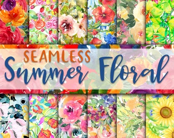 Summer Floral Digital Paper - SEAMLESS - Summer Watercolor Flower Patterns -  12 Designs - 12x12in - Commercial Use - Floral Sublimation