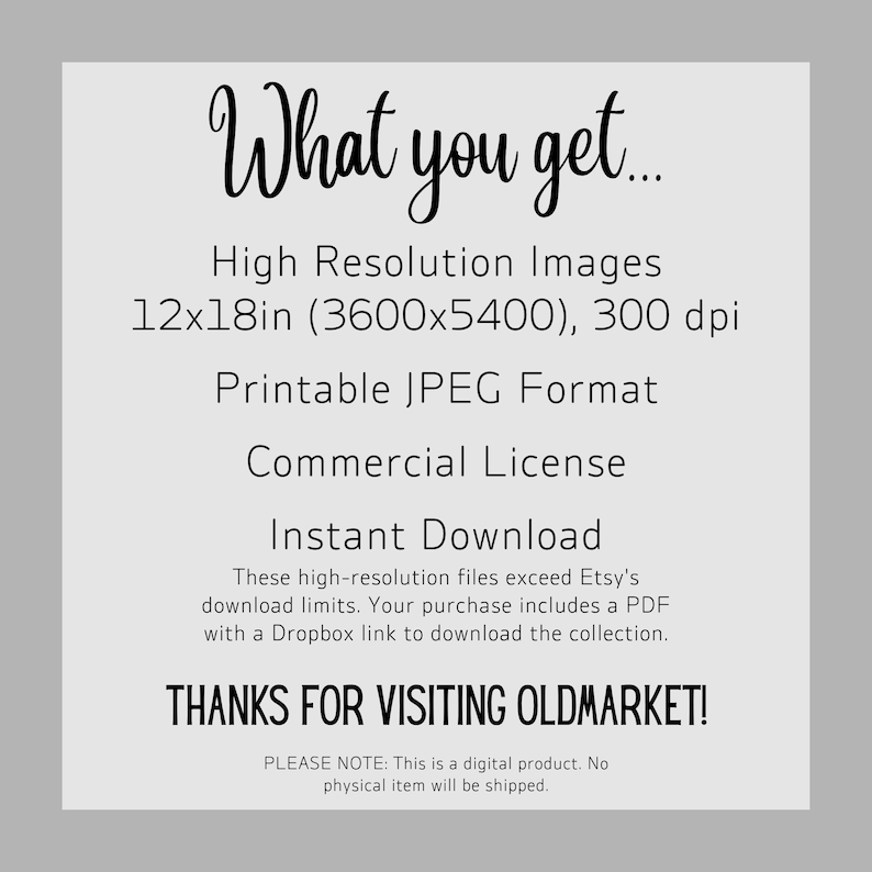 May include: A digital product information graphic with black text on a light gray background. It lists: What you get, High Resolution Images 12x18in (3600x5400), 300 dpi, Printable JPEG Format, Commercial License, Instant Download, and THANKS FOR VISITING OLDMARKET!