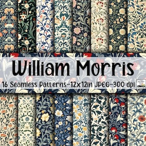 William Morris Inspired SEAMLESS Patterns - William Morris Digital Paper - 16 Designs - 12x12in - Commercial Use - William Morris Patterns
