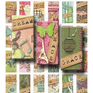 Puede incluir: Un conjunto de 16 hojas de collage digital con varias palabras e imágenes. Las palabras incluyen "Dream", "Peace", "Grace", "Hope", "Love", "Joy", "Imagine", "Smile", "Inspire" y "Believe". Las imágenes incluyen una mariposa, una jaula para pájaros, una tetera, una nota musical, una corona y un piano.