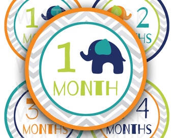Elephant Baby Boy Monthly Milestone Images - Printable - Digital Collage Sheet  - 4 inch Round Circles - INSTANT DOWNLOAD