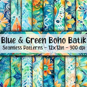 Motifs sans couture bleu et vert boho batik - papier numérique aquarelle boho batik - 16 modèles - 12 x 12 po - usage commercial