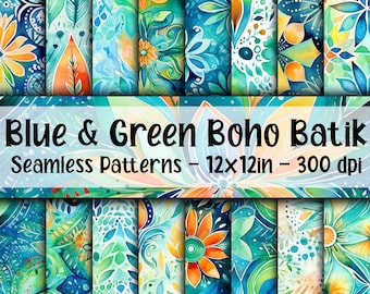 Blue and Green Boho Batik SEAMLESS Patterns - Watercolor Boho Batik Digital Paper - 16 Designs - 12x12in - Commercial Use