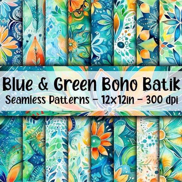 Blue and Green Boho Batik SEAMLESS Patterns - Watercolor Boho Batik Digital Paper - 16 Designs - 12x12in - Commercial Use