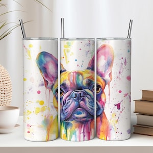 Aquarell Französische Bulldogge 20 oz Skinny Tumbler Sublimationsdesign - Sofortiger digitaler Download PNG - Nahtlose Tumbler Wrap