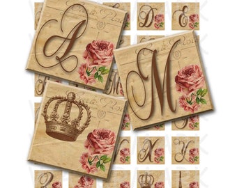 May include: Victorian Rose Alphabet digital clipart set featuring letters A, D, E, M, X, Y, Z, a crown, and the Eiffel Tower. Each image is 1 inch by 1 inch and features a vintage background with pink roses.