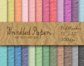 Wrinkled Paper Digital Paper - Colorful Wrinkled Paper Textures -  24 Colors - 12in x 12in - Commercial Use -  INSTANT DOWNLOAD
