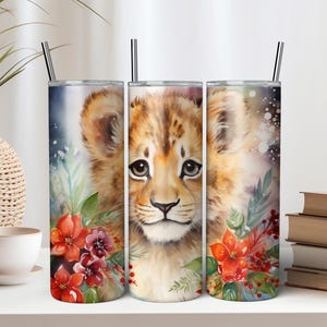 Baby Christmas Lion 20 oz Skinny Tumbler Sublimation Design - Instant Digital Download PNG - Cute Christmas Tumbler Wrap - Winter Tumbler