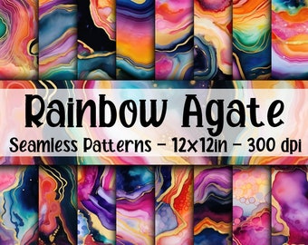 Rainbow Agate SEAMLESS Patterns - Watercolor Rainbow Agate Digital Paper - 16 Designs - 12x12in - Commercial Use