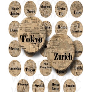 世界都市地図 - デジタルコラージュシート - 30 x 40 mm 楕円形 - 即時ダウンロード