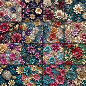May include: A collage of nine square images, each featuring a different floral design. The flowers are made of paper and have a 3D effect. The colors are vibrant and include shades of pink, red, blue, green, and gold.