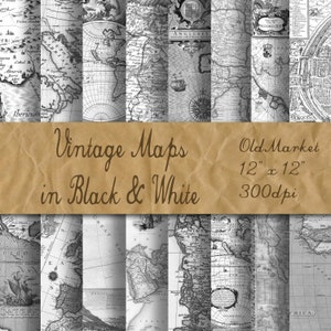 Alte Vintage Karten Digitales Papier - Schwarz und Weiß - Digital Paper Pack - 16 Designs - 12 in x 12 in - Kommerzielle Nutzung - SOFORT DOWNLOAD