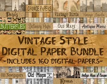 Vintage Style Digital Paper Bundle - Includes 160 Digital Papers - Vintage Scrapbook Paper Backgrounds -  12x12in - Commercial Use