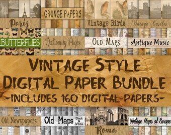 Vintage Style Digital Paper Bundle - Includes 160 Digital Papers - Vintage Scrapbook Paper Backgrounds -  12x12in - Commercial Use