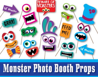 Monster Photo Booth Props and Decorations - Monster Halloween Photo Props - Over 40 Images Color and Outlines - Printable Digital File