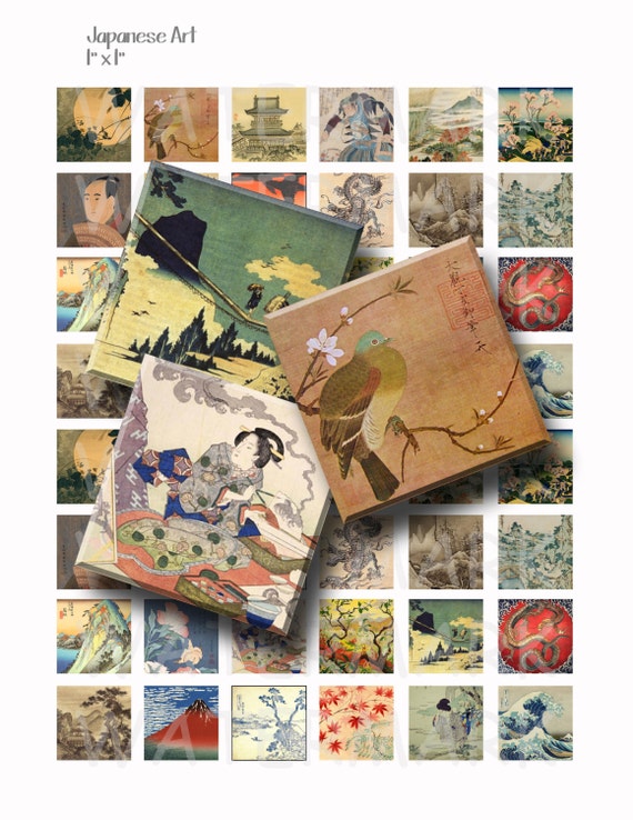 1 Inch Squares and Scrabble Sized .75 x .83 Printable for Jewelry /& Crafts Japan Vintage Japanese Artwork Digital Collage Sheet