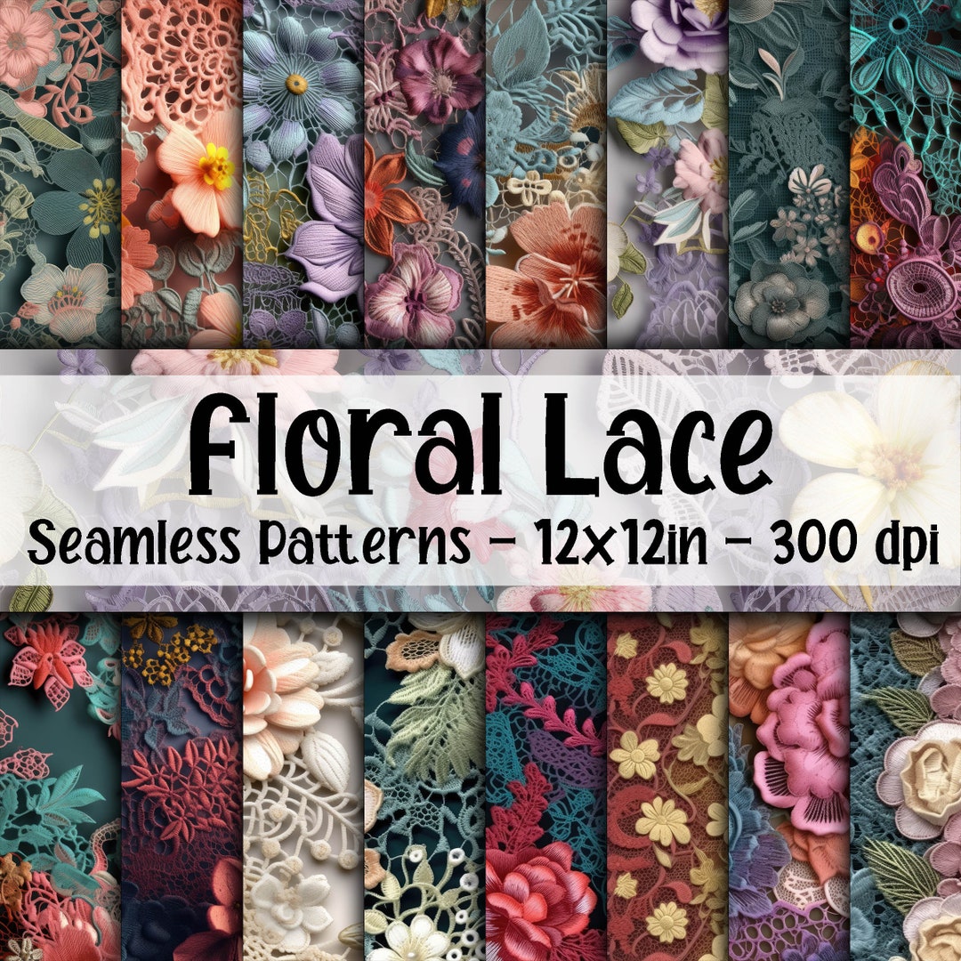 Floral Lace SEAMLESS Patterns - Flower Embroidery Digital Paper - 16 ...