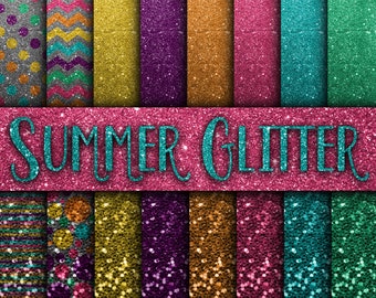 Summer Glitter Digital Paper - Rainbow Backgrounds and Textures - 16 Designs - 12 x 12in - Commercial Use - Instant Download