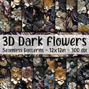 Flores 3D com acabamento dourado - Padrões sem emendas de flores 3D de cor escura - 16 designs - 12 x 12 pol - Uso comercial - Sublimação floral 3D