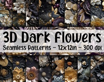 May include: A set of 12 digital seamless patterns featuring 3D dark flowers with gold accents. The patterns are 12x12 inches and 300 dpi.