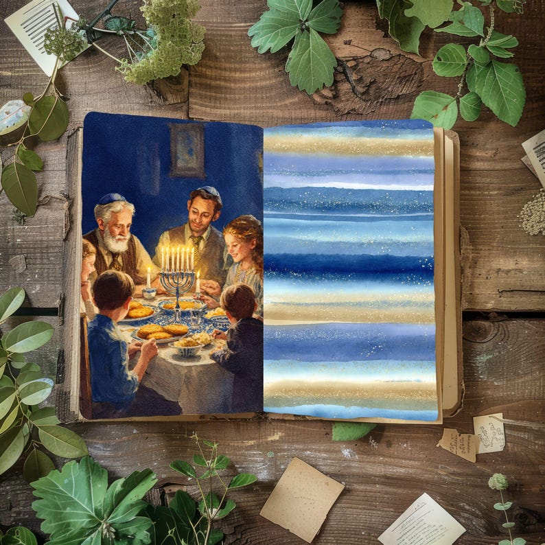 May include: An open book displaying a watercolor illustration of a family gathered around a table with a lit menorah on the left page, and a pattern of horizontal blue and gold stripes with gold speckles on the right page.