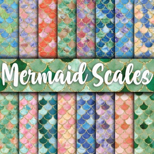 May include: A set of 12 digital papers featuring mermaid scales in various shades of blue, green, pink, and purple with gold glitter accents. The papers are perfect for crafting, scrapbooking, and digital design projects.