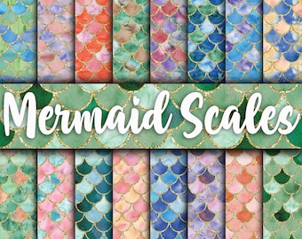 Watercolor Mermaid Scales Digital Paper Designs - Scallop Design Backgrounds -  16 Colors - 12in x 12in - Commercial Use