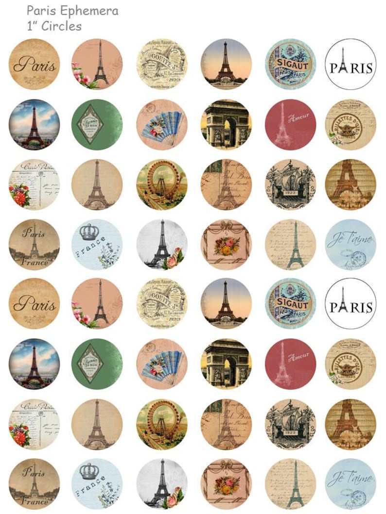 Paris Ephemera Digital Collage Sheet 1 Inch Round Circles - Etsy