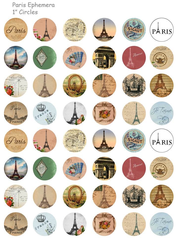 Paris Ephemera - Digital Collage Sheet - 1 Inch Round Circles - INSTANT ...
