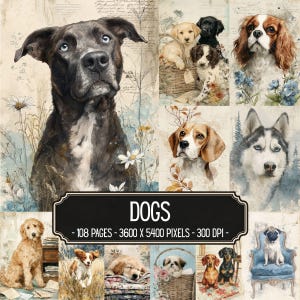 Dogs Digital Papers | 108 Watercolor Dog Pages | Vintage Canine Portraits | Pet Junk Journal Backgrounds | Instant Download