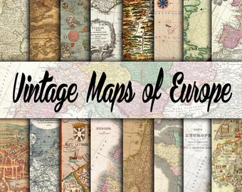 Może przedstawiać: Kolekcja starych map europejskich w różnych kolorach i wzorach. Mapy ułożone są w siatkę, z tekstem "Vintage Maps of Europe" na wierzchu. Mapy zawierają szczegółowe ilustracje i tekst.