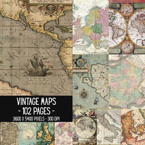 May include: A collection of vintage maps featuring various historical cartographic styles, including world maps, regional charts, and nautical illustrations with sailing ships, compass roses, and decorative text, labelled VINTAGE MAPS - 102 PAGES.