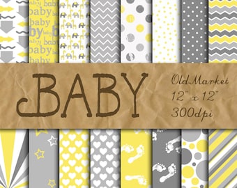Baby Digital Paper in Yellow and Gray - Digital Paper Pack - 16 Designs - 12in x 12in - Commercial Use - INSTANT DOWNLOAD