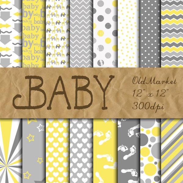 Baby Digital Paper in Yellow and Gray - Digital Paper Pack - 16 Designs - 12in x 12in - Commercial Use - INSTANT DOWNLOAD