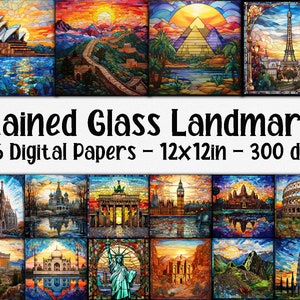 Papéis digitais de marcos de vitrais - Fundos de vitrais de marcos mundiais - 16 designs - 12 pol x 12 pol - Uso comercial