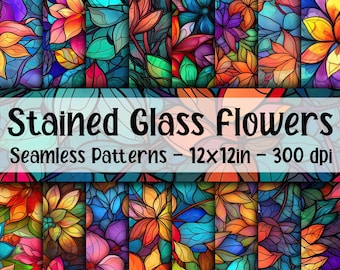 Stained Glass Flowers Seamless Patterns - Stained Glass Digital Paper - 16 Designs - 12x12in - Commercial Use - Stained Glass Sublimation