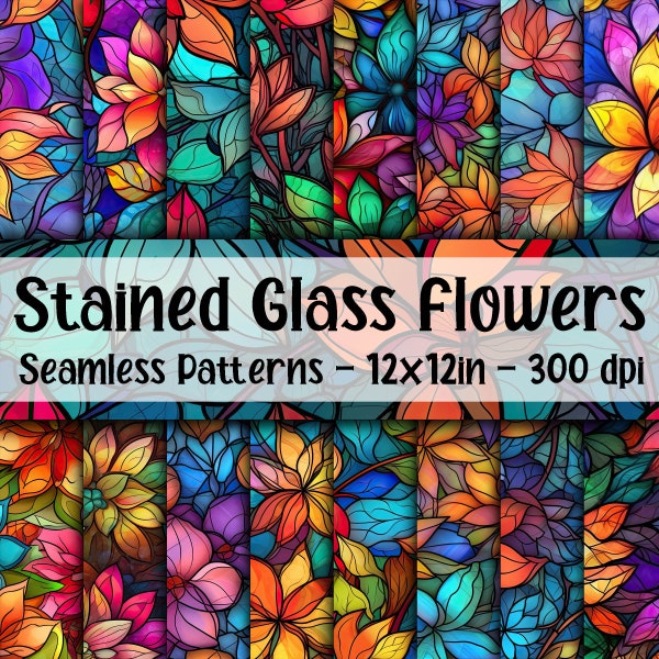 Stained Glass Flowers Seamless Patterns - Stained Glass Digital Paper - 16 Designs - 12x12in - Commercial Use - Stained Glass Sublimation