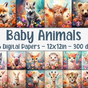 Baby Animals Digital Paper Cute Baby Animal Backgrounds Animal Junk Journal 16 Designs 12in x 12in Commercial Use image 1