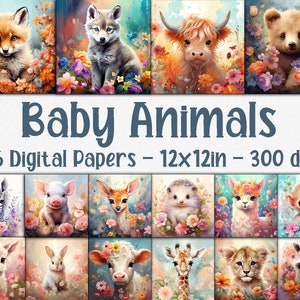 Baby dieren digitaal papier schattige baby dieren achtergronden Animal Junk Journal 16 ontwerpen 12in x 12in commercieel gebruik afbeelding 1