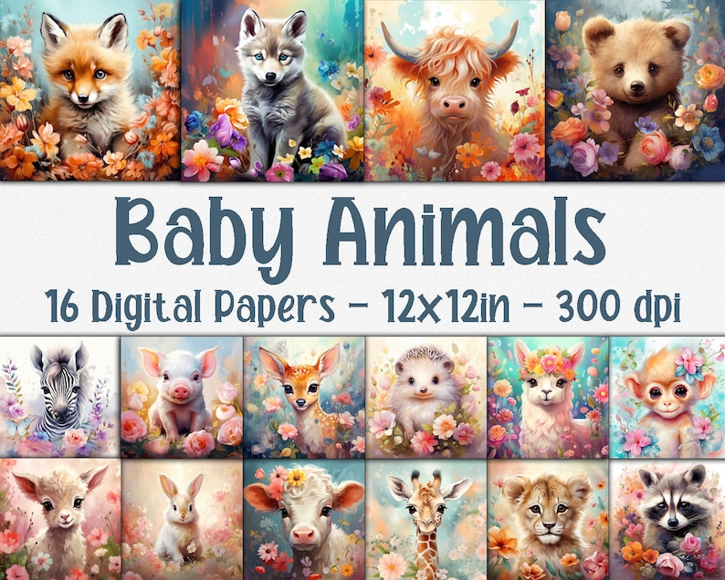 Baby Animals Digital Paper Cute Baby Animal Backgrounds Animal Junk Journal 16 Designs 12in x 12in Commercial Use image 1